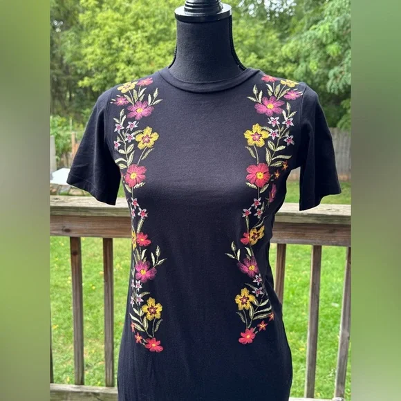 ASOS Black Dress with Colorful Floral Embroidery boho print spit side - Picture 2 of 7